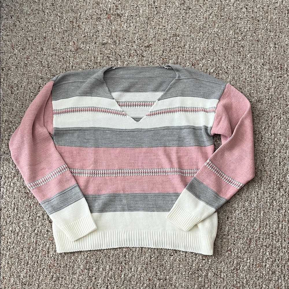 SHEIN Pink, Gray, and Cream Striped V-Neck Sweater